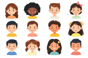 Set of children avatars. Bundle of smiling faces of boys and girls with different hairstyles, skin colors and ethnicities. Colorful flat vector illustration isolated on white background 