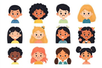 Set of children avatars. Bundle of smiling faces of boys and girls with different hairstyles, skin colors and ethnicities. Colorful flat vector illustration isolated on white background 