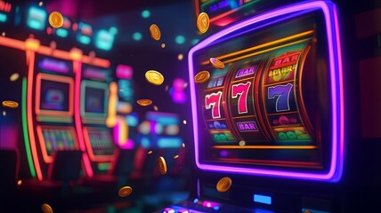 Naklejka premium casino slot machine display with spinning reels and flying coins in a neon light setting