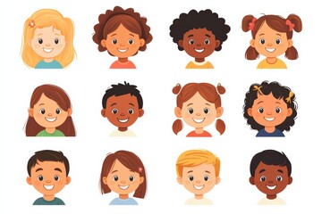 Set of children avatars. Bundle of smiling faces of boys and girls with different hairstyles, skin colors and ethnicities. Colorful flat vector illustration isolated on white background 