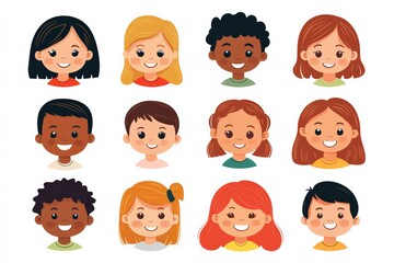 Set of children avatars. Bundle of smiling faces of boys and girls with different hairstyles, skin colors and ethnicities. Colorful flat vector illustration isolated on white background 