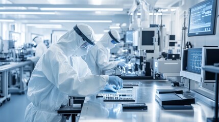 Microelectronics production in a cleanroom, workers in protective clothing handling delicate components, high-tech equipment and sterile environment