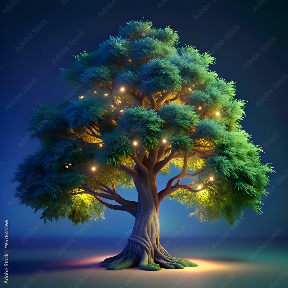 Poster a mystical cedar elm tree glows with soft. ethereal light in this 3d illustration.