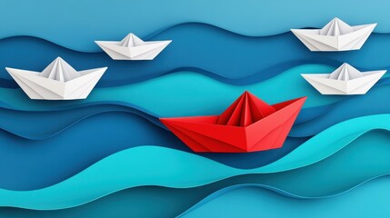 Obraz premium A vibrant origami boat stands out on a river, symbolizing unique leadership navigating through a sea of conformity.