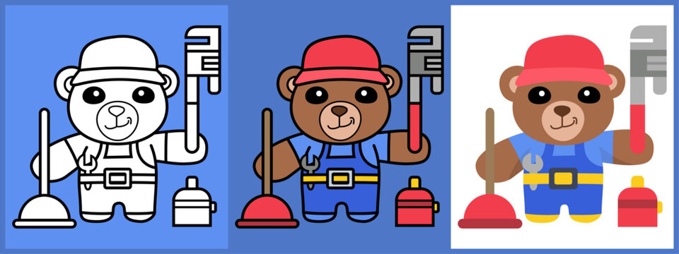 Bear Plumber cartoon character set outline coloring flat vector illustration