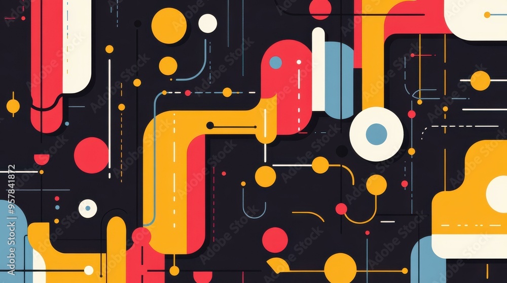 Poster explore a captivating abstract design, featuring interspersed dots and lines over a dark backdrop, s