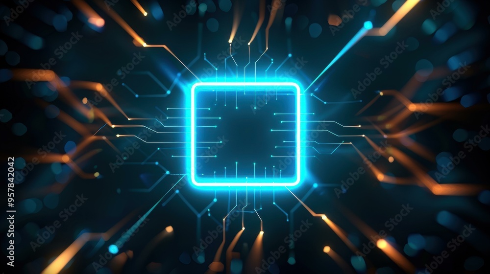 Poster a sleek square circuit button hologram featuring an ai icon, set against a dark background for a mod