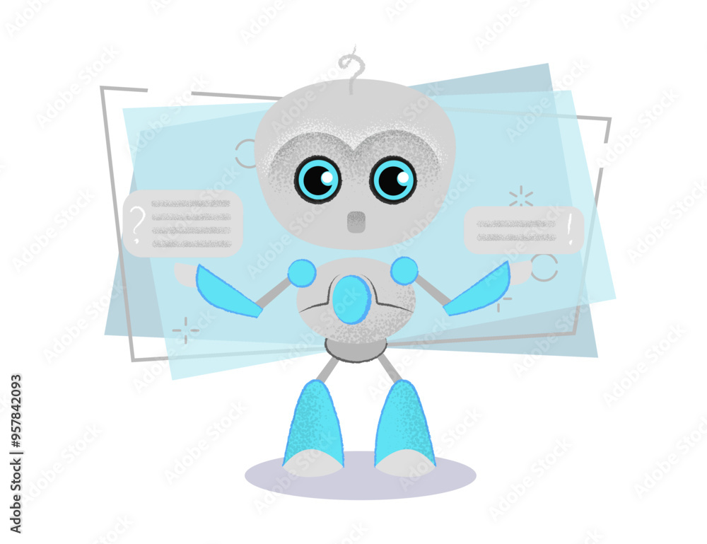 Poster surprised talking robot and speech bubbles. chatbot, dialog, online lesson. can be used for topics l