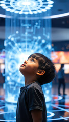 Fototapeta premium Boy Looking Up At Blue And White Lights
