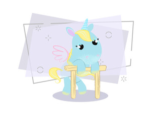 Tired little unicorn leaning on race barrier. Fairytale concept. Vector illustration can be used for topics like myth, fantasy, competition