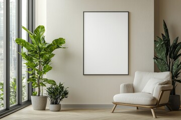 Poster Frame in Beige minimalist living room interior created with generative AI