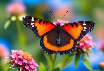 Obraz premium A close-up photo of a butterfly sitting on a flower with a blurred blue background