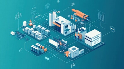 Obraz premium Overview of a factory using data analytics to optimize production, workers and digital tools in perfect harmony, focus on innovation