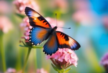 Obraz premium A close-up photo of a butterfly sitting on a flower with a blurred blue background