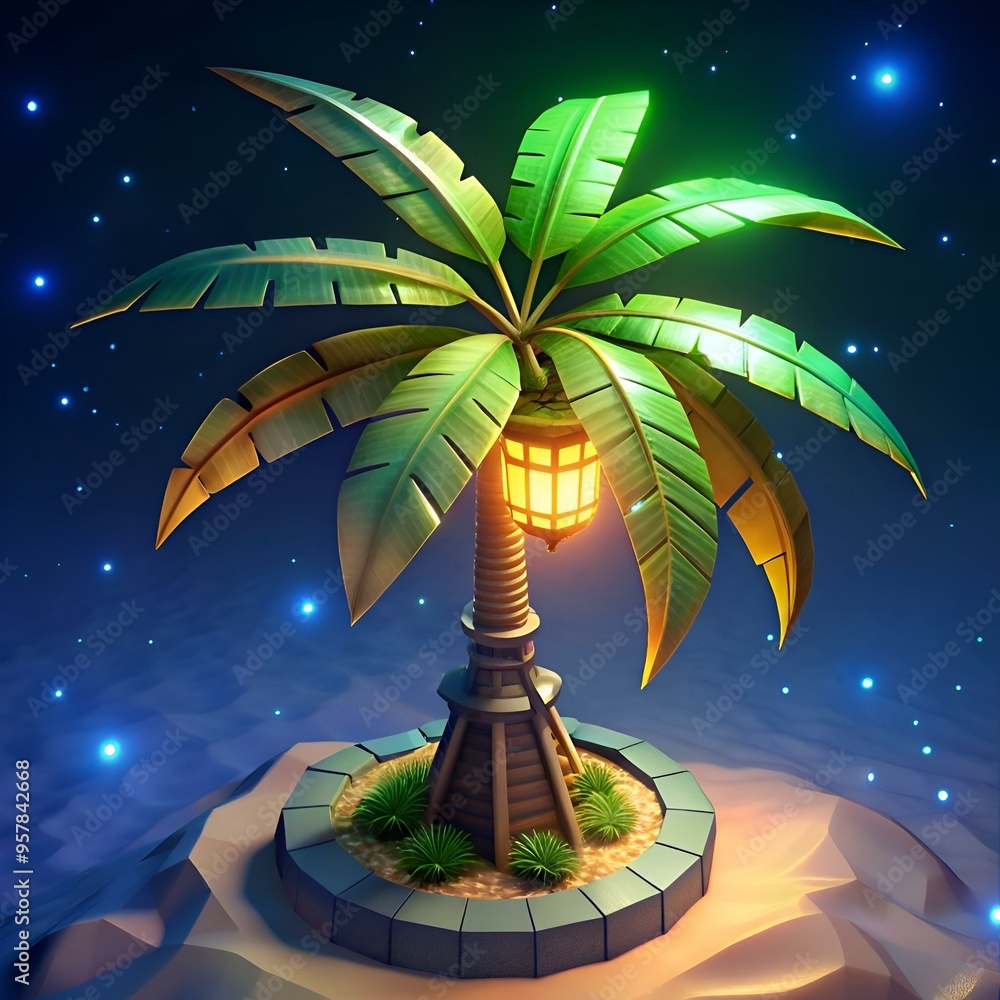 Aufkleber Charming 3D illustration of a stylized palm tree with a glowing lantern. perfect for adding a touch of whimsy to game design. mobile app interfaces. or website design.