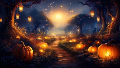 Enchanted forest pathway lined with glowing jack-o'-lanterns and lanterns at twilight