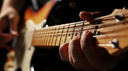 Fototapeta premium A close-up of an electric guitar fretboard with fingers playing a chord, highlighting the intricate detail of the strings and frets