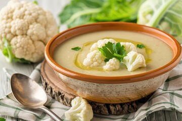 Creamy cauliflower soup garnished with fresh herbs, perfect for a healthy and comforting meal.