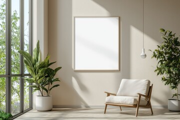 Fototapeta premium Poster Frame in Beige minimalist living room interior created with generative AI