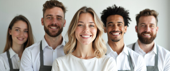 Diverse Team of Happy Employees Wearing White Shirts and Grey Aprons