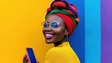 A woman in colorful clothing holding a cell phone, AI