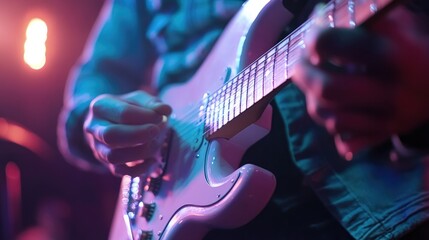 Obraz premium A guitarist performing at a small venue, with a focus on the energy and passion of live music