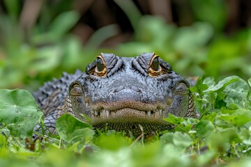 Fototapeta premium Close-up of an American Alligator's Head Peeking Through Lush Green Vegetation