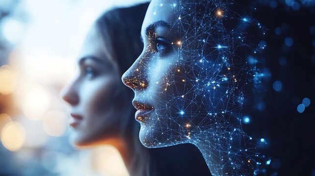 A composition of close-up faces representing various cultures, overlaid with a glowing network of digital lines, symbolizing connection, soft focus on faces, dark background, hd quality.