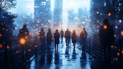 Fototapeta premium A digital bridge glowing with energy, connecting people from different cultures across a global landscape, each person linked by luminous lines of communication, set against a dark,