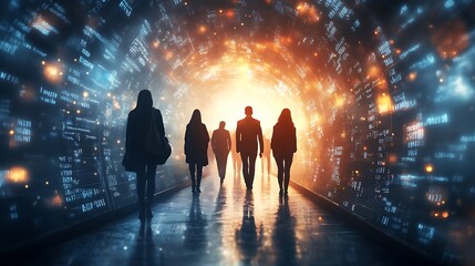 A digital bridge glowing with energy, connecting people from different cultures, each standing at different points along the bridge, with a dark,