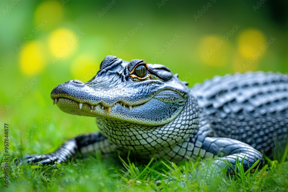 Poster close-up of an alligator in grass with bokeh background