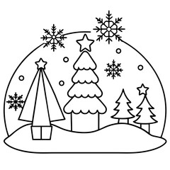 christmas tree with snowman and gifts line art vector svg