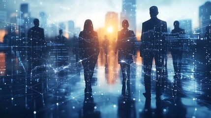 Fototapeta premium A digital network connecting global business leaders, each person linked by radiant lines of communication, set in a high-tech office with holographic data and global maps in the background,