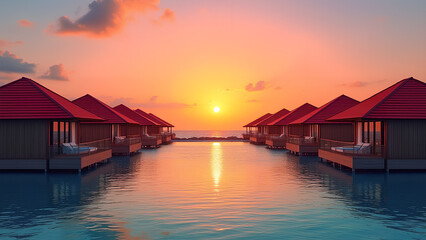 Obraz premium Sunset view of beachfront villas with red roofs reflecting on the calm sea The vibrant colors and serene setting make it ideal for travel and vacation advertisements