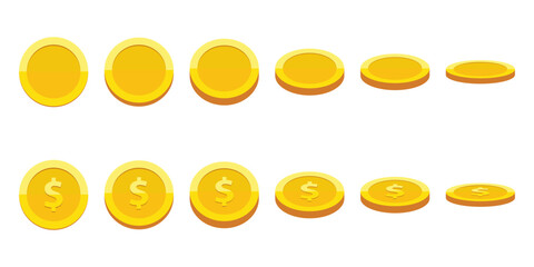 Set of rotating gold coins isolated on a white background. Set of icons of gold coins rotating in different angles for animation. Set of gold coins. Dollars. Flat vector illustration.