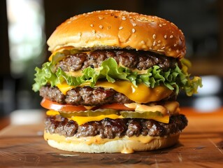 hamburger on a wooden table