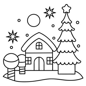 recommend clip art: christmas tree with snowman and gifts line art vector svg