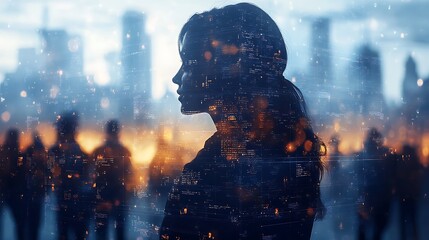 Fototapeta premium A diverse group connected through holographic screens in a virtual meeting, with a futuristic cityscape and digital grid in the background, soft ambient light, hd quality. --ar 16:9 --sref https://s.