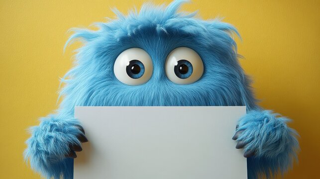 3D render of a funny hairy yeti toy, a blue monster hiding behind a white board. Clip art isolates on a yellow background. The abstract cartoon character stands with a blank page mockup.