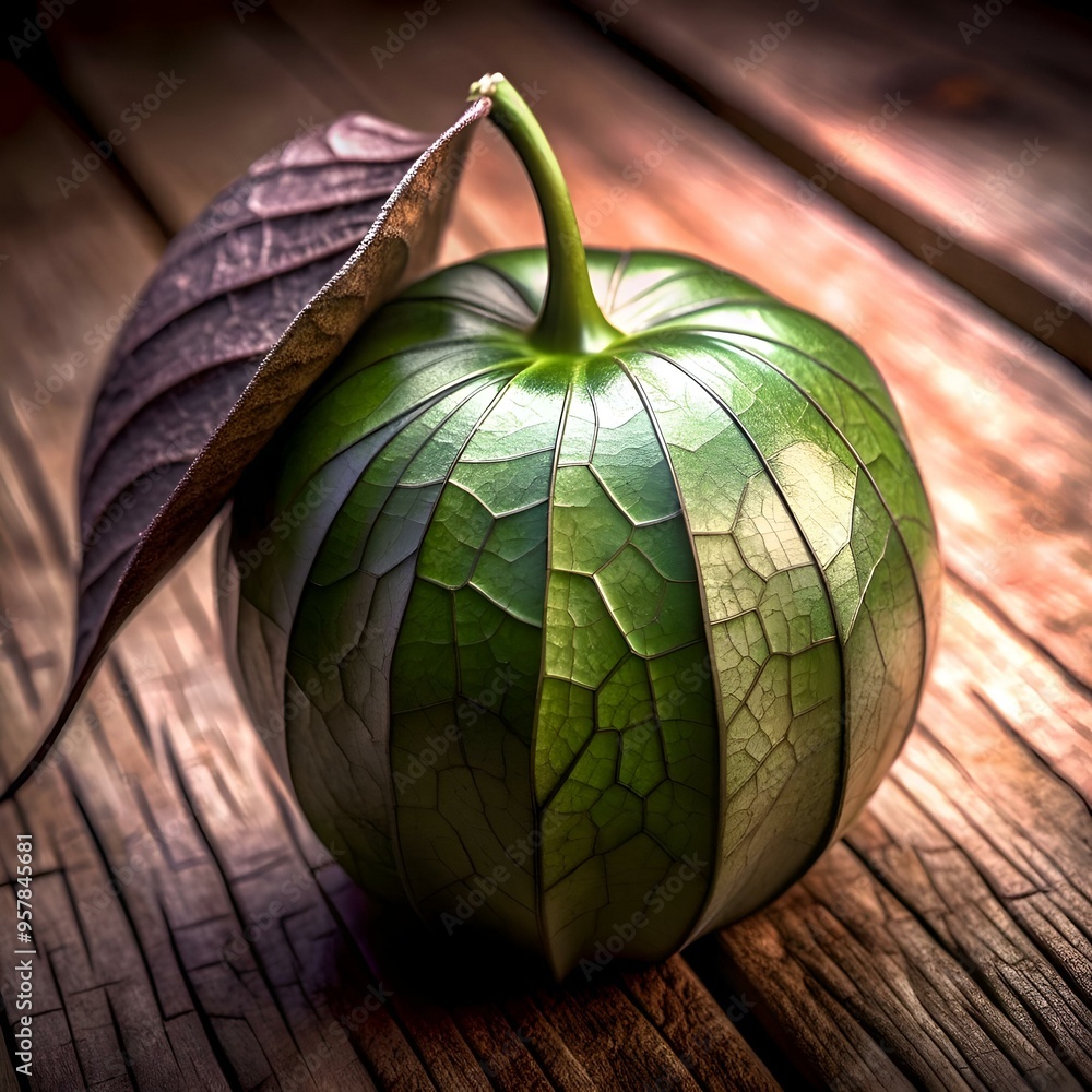 Aufkleber a captivating 3d illustration showcasing a vibrant tomatillo with a textured leaf. emphasizing its u