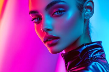 Obraz premium A cybernetic fashion model wearing cutting-edge futuristic attire, posing in a neon-lit studio. Capture the sleek and edgy fashion using a mirrorless camera, portrait lens, and dramatic lighting 