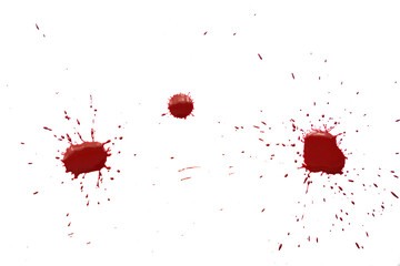 Blood splatters on white background. Red blots of watercolor Realistic bloody splatters for...