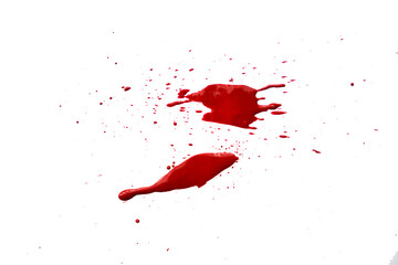 Blood splatters on white background. Red blots of watercolor Realistic bloody splatters for Halloween Drop of blood