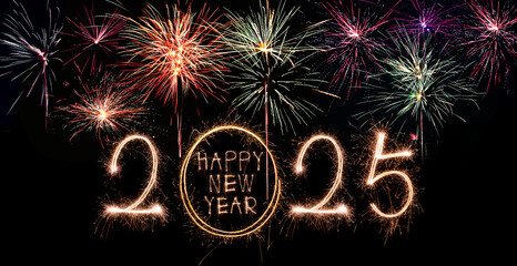 Happy New Year 2025. Burning sparkling text 2025 isolated on black background.
