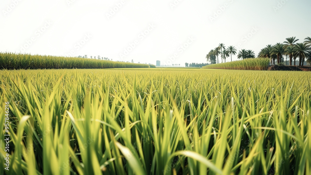 Canvas Prints Lush Green Rice Paddy Field with Palm Trees in the Distance