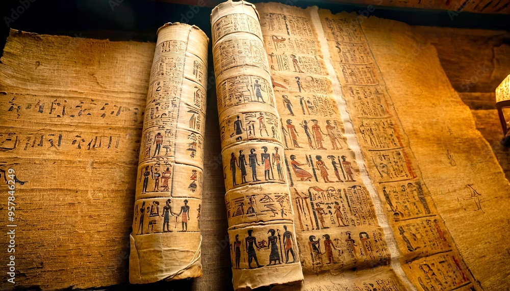 Wall mural close-up of ancient egyptian papyrus scrolls, adorned with intricate hieroglyphics and vibrant color
