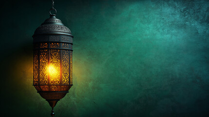 Fototapeta premium Luminous lantern hanging with copy space on green wall.