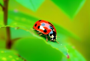 Fototapeta premium A close-up photo of a ladybug on a green leaf in a garden