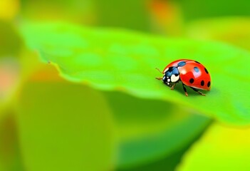 Obraz premium A close-up photo of a ladybug on a green leaf in a garden