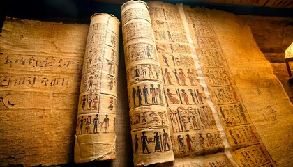 Close-up of ancient Egyptian papyrus scrolls, adorned with intricate hieroglyphics and vibrant colors. 1